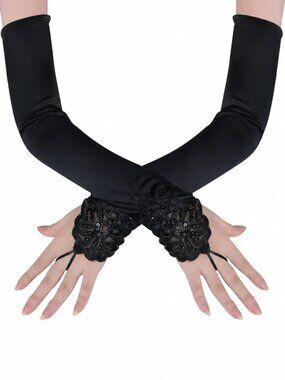 Women's Long Smooth Black Long Opera Party 20s Satin Glove Stretchy Elbow Length